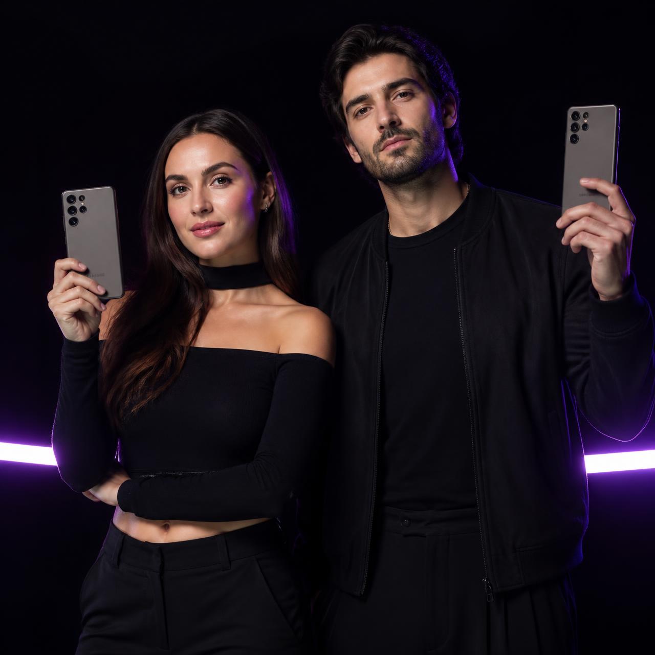 Influenciador e influenciadora com smartphones em cenário premium